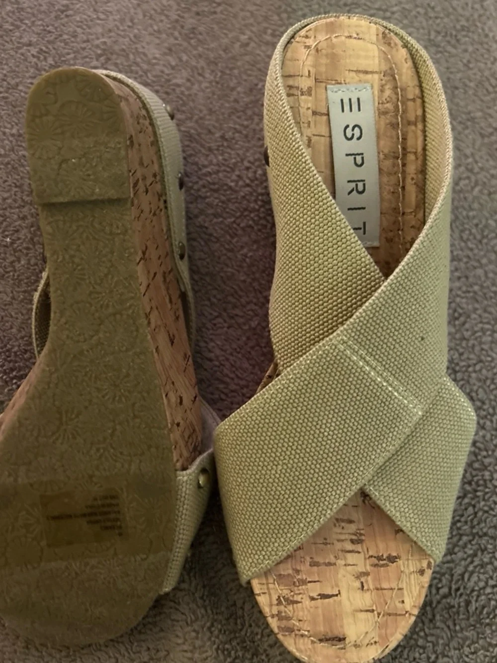 Esprit Tan Canvas Cork Crossover Wedge Sandals